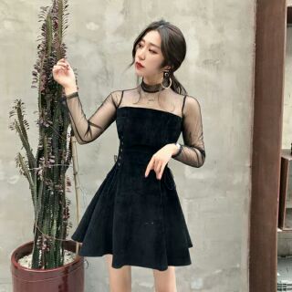 Đầm xòe đan dây eo phối lưới