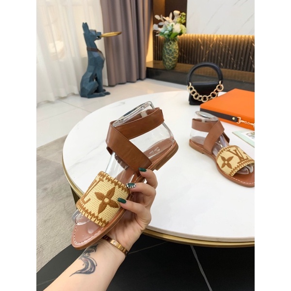Sandal nữ Louis Vuitton LV da thật cao cấp phối quai cói mẫu mới 2021