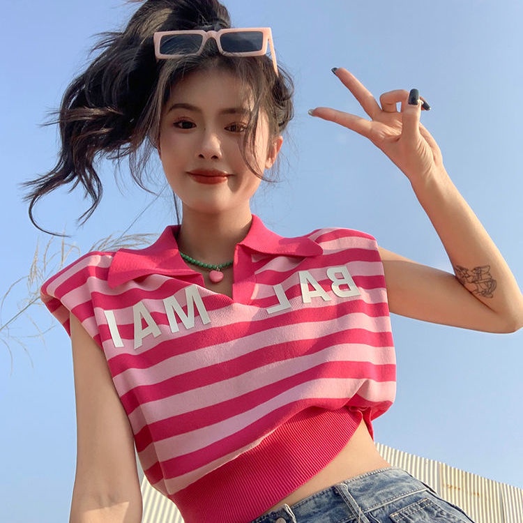 Áo Polo Dệt Kim Sát Nách Kẻ Sọc Kiểu Hàn Quốc Thời Trang Mùa Hè Cho Bé Gái