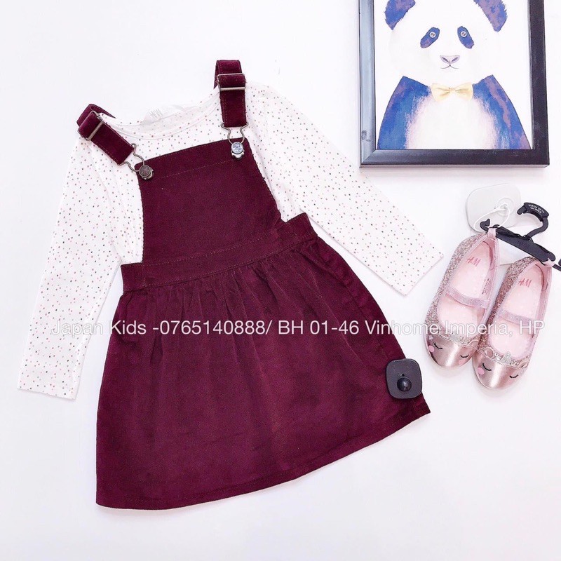 set áo chấm bi + yếm nhung đỏ H&M