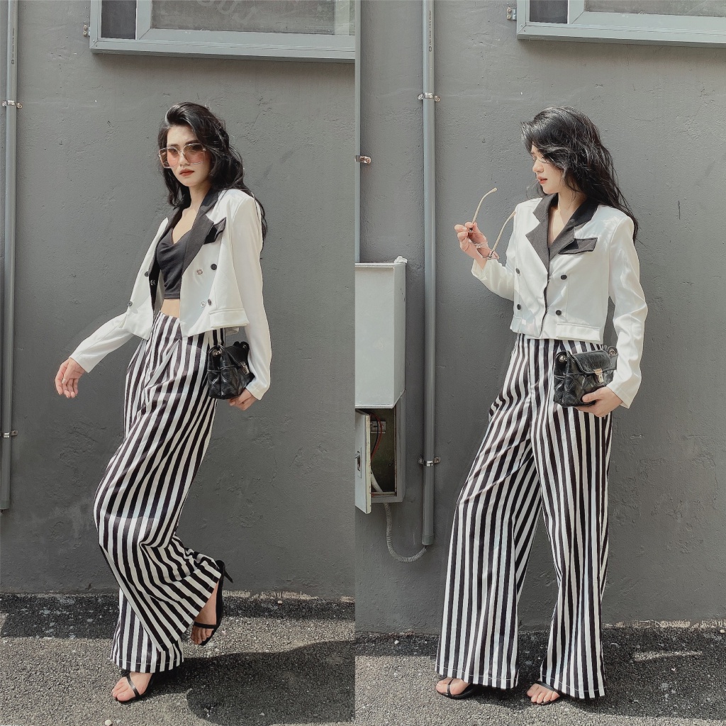 Set bộ nữ Delys set áo blazer vest quần suông cạp liền kẻ sọc đen trắng hack chân tôn dáng (có bán lẻ)
