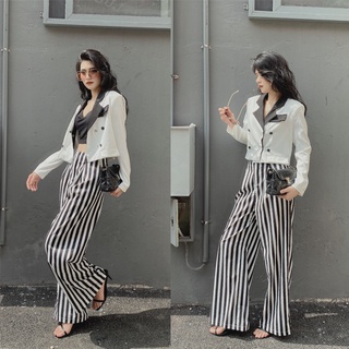 Set bộ nữ Delys set áo blazer vest quần suông cạp liền kẻ sọc đen trắng hack chân tôn dáng (có bán lẻ)