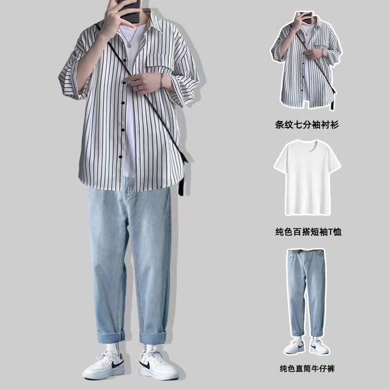 Set Đồ Ba Món Gồm Áo Sơ Mi Tay Ngắn + Quần Jeans Mỏng + Áo Thun Tay Ngắn Phong Cách Đẹp Trai Dành Cho Nam Giới Fswt.My7