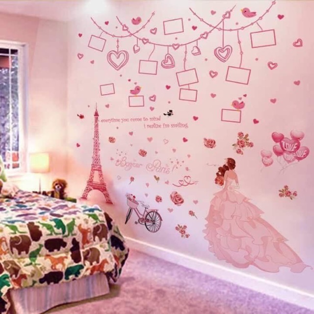 DECAL DÁN TƯỜNG CÔ DÂU TÁN TRÁI TIM [Bao_rẻ] - Tranh dán tường phòng ngủ mẫu cô dâu khung trái tim