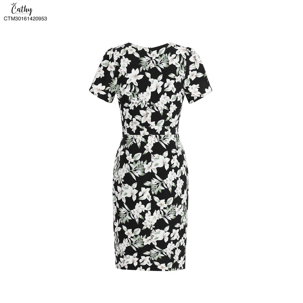 Đầm bút chì hoạ tiết Cathy Clans cổ khoét giọt nước hoa trắng xanh - đen | BigBuy360 - bigbuy360.vn