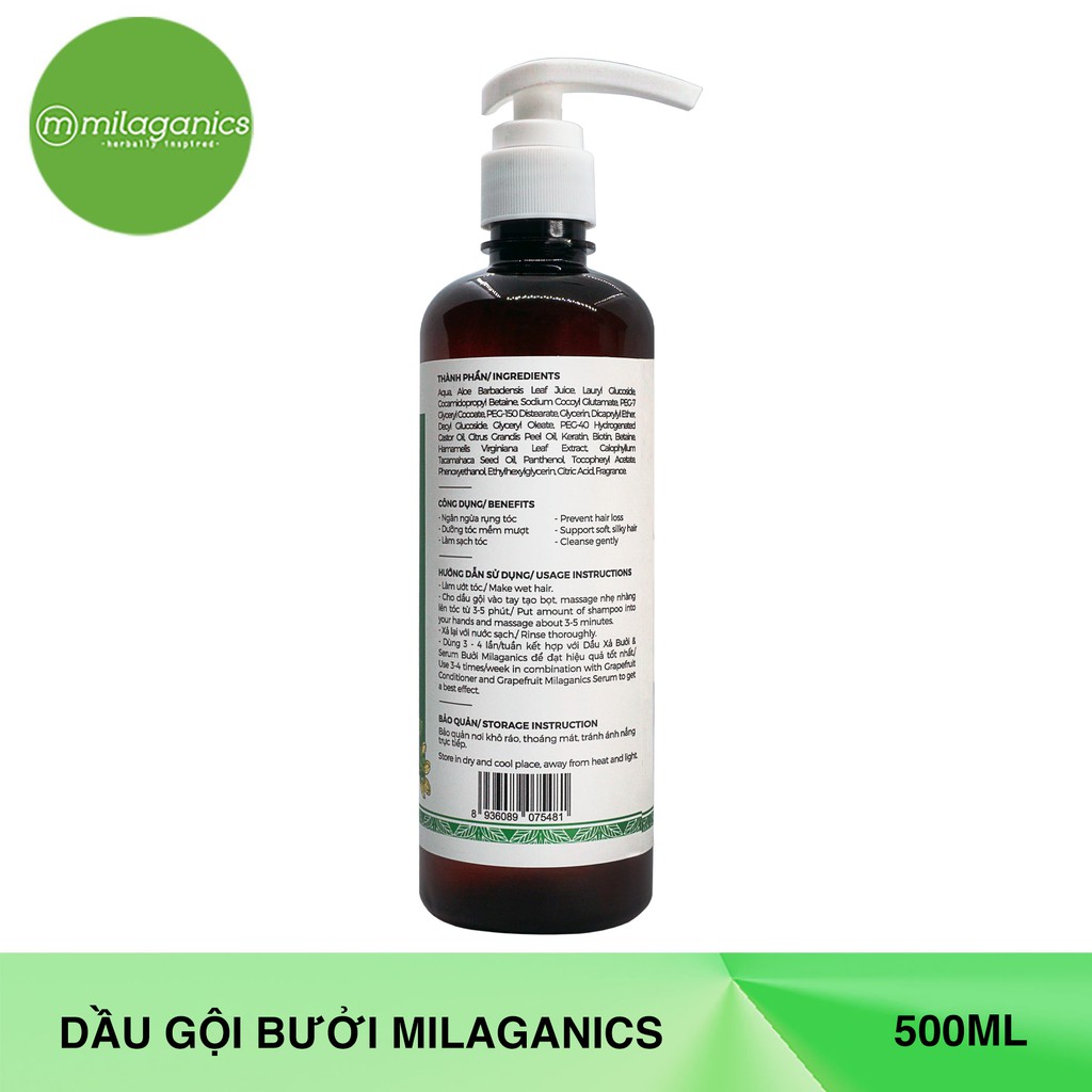 Dầu Gội Bưởi - Ngăn Ngừa Rụng Tóc, Kích Thích Mọc Tóc Milaganics (500ml / Chai) | BigBuy360 - bigbuy360.vn