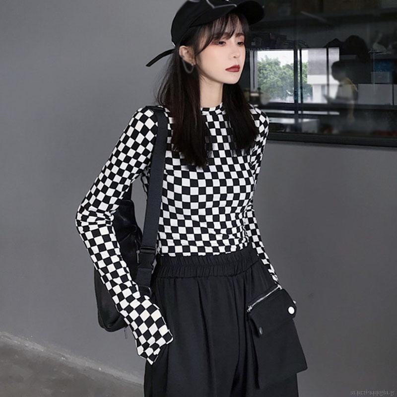 Áo thun tay dài in caro thời trang cá tính cho nữ