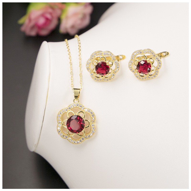 Bộ vòng cổ + Bông Tai Mạ Vàng Hồng Đính Đá Ruby Sang Trọng