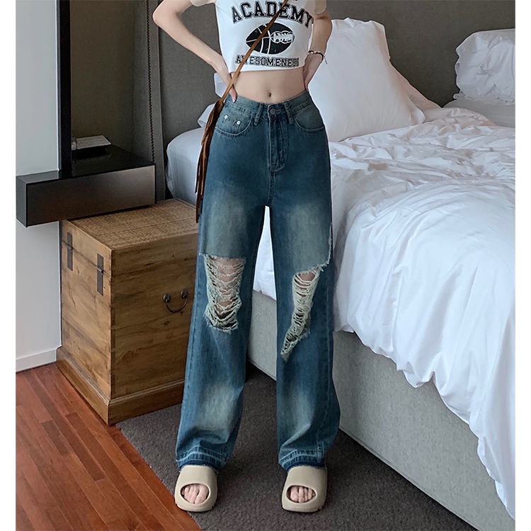 Jiashucheng Hàng Có Sẵn Quần Jean Rách Lưng Cao Dáng Rộng Phong Cách Retro Đường Phố Hàn Quốc Mùa Hè Cho Nữ