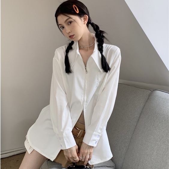 Áo sơ mi ZHELIHANGFEI tay dài dáng rộng phối khóa kéo hai chiều phong cách học đường thời trang dành cho nữ