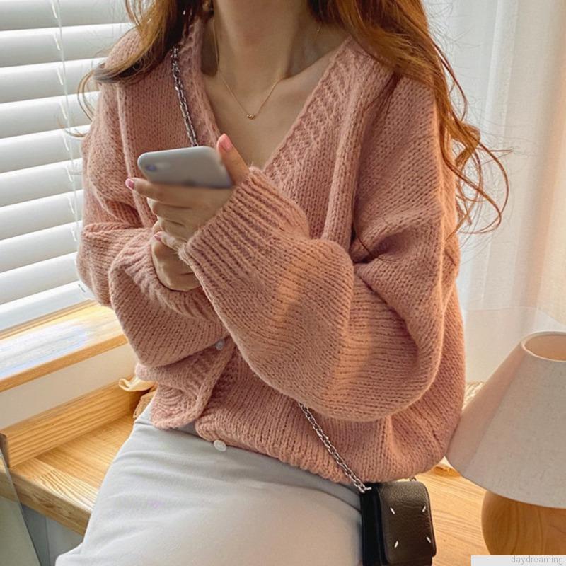 Áo cardigan dệt kim tay dài cổ chữ V dáng rộng thời trang cho nữ