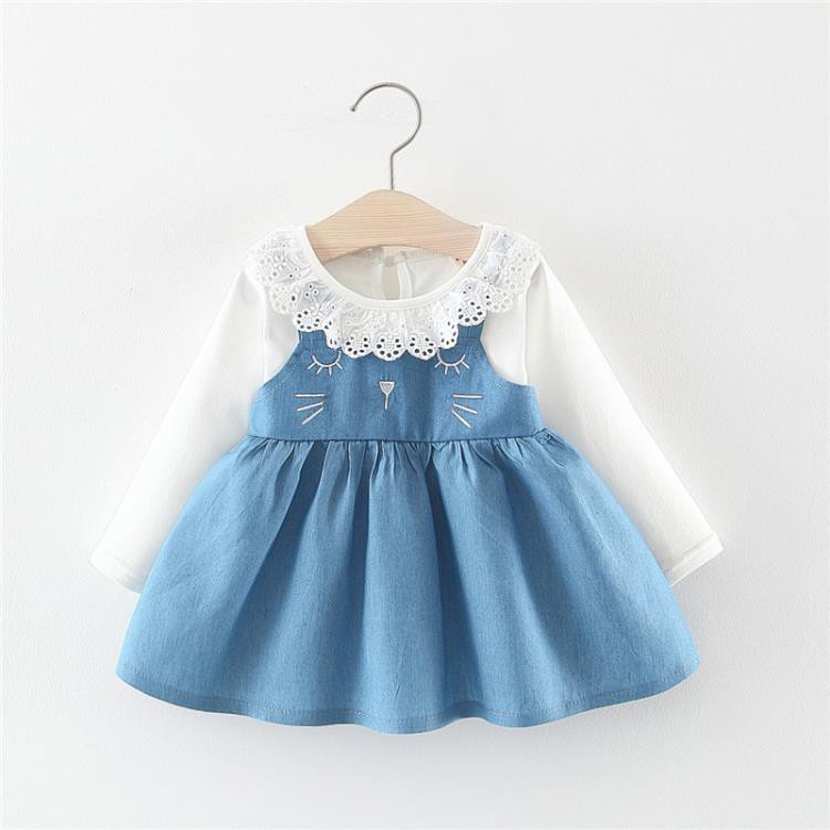 Váy bé gái cổ ren dài tay cho bé từ 3 tháng đến 3 tuổi (Hàng oder chuẩn hình 100%)