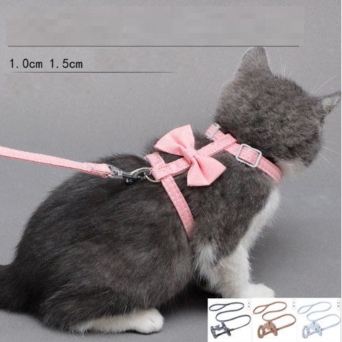 Bộ dây dắt mèo cổ bụng kèm chuông và nơ thời trang (dây tròn) 0.6x130cm