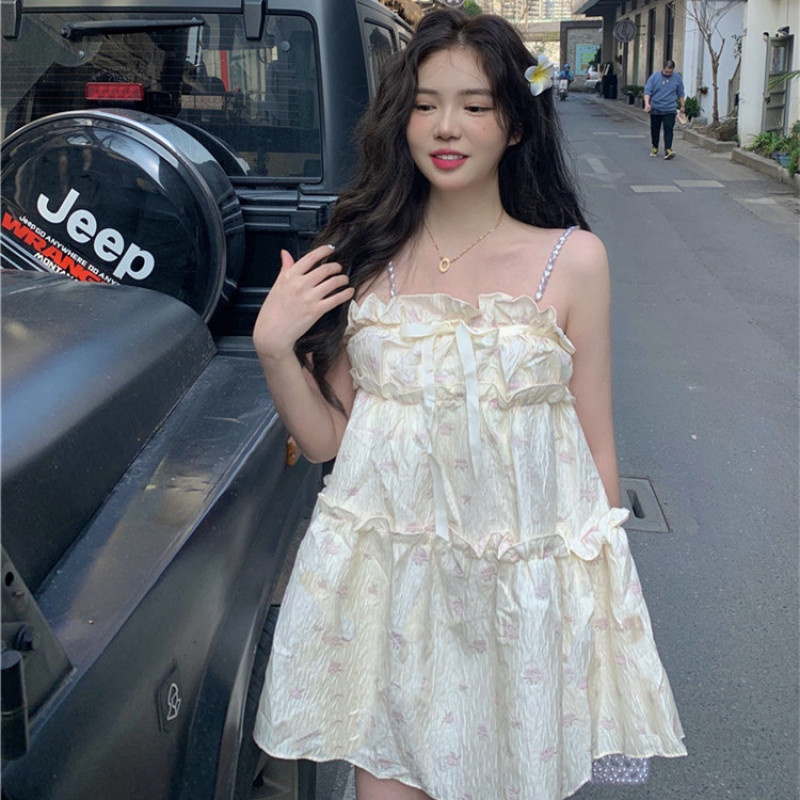 Đầm Sát Nách In Hoa Đính Ngọc Trai Giả Dễ Thương Thời Trang Mùa Hè Cho Nữ