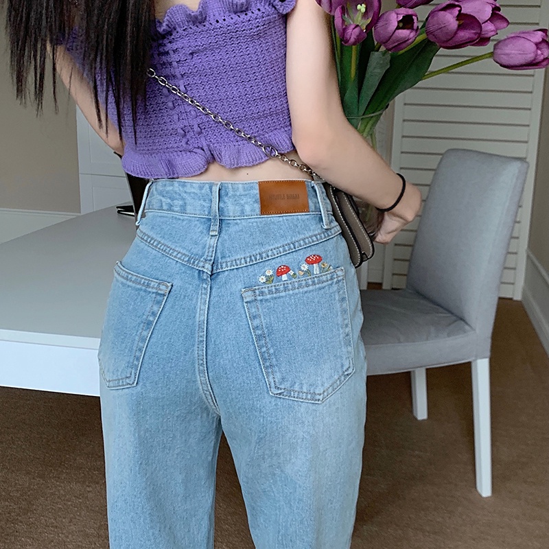 Quần Denim Ống Suông Lưng Cao Thêu Hình Nấm Phong Cách Mới Mùa Hè 52328