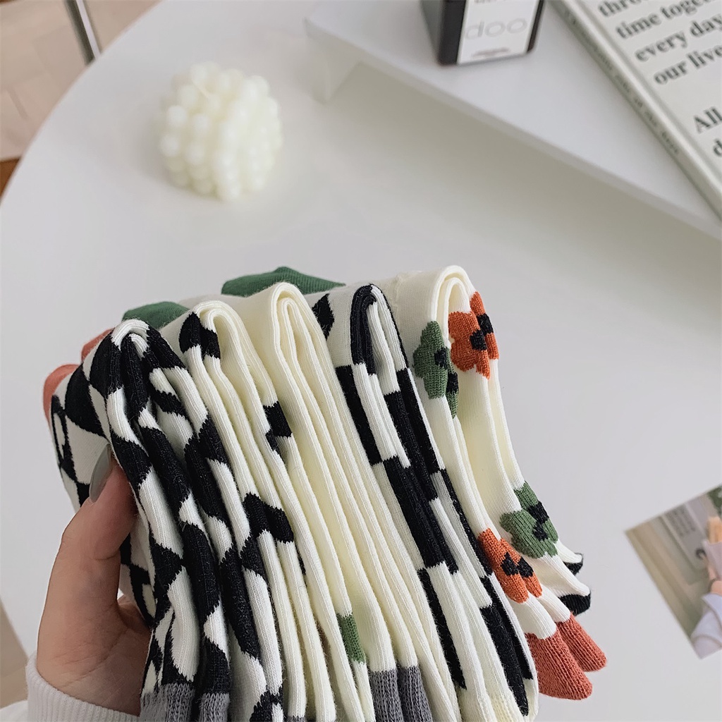 WAFNHA D571 Vớ Nữ Họa Tiết Sọc Ca Rô/ Hoa/ Trái Tim Phong Cách Mới Cho Nữ