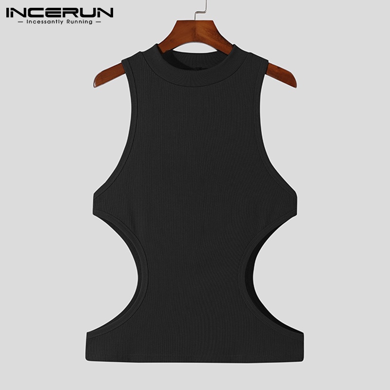 Áo ba lỗ INCERUN dệt kim cổ tròn khoét lỗ ôm dáng thời trang cho nam