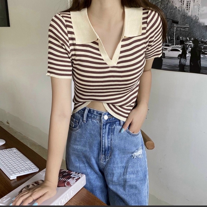 áo len sọc cổ v ngắn tay hàng quảng châu