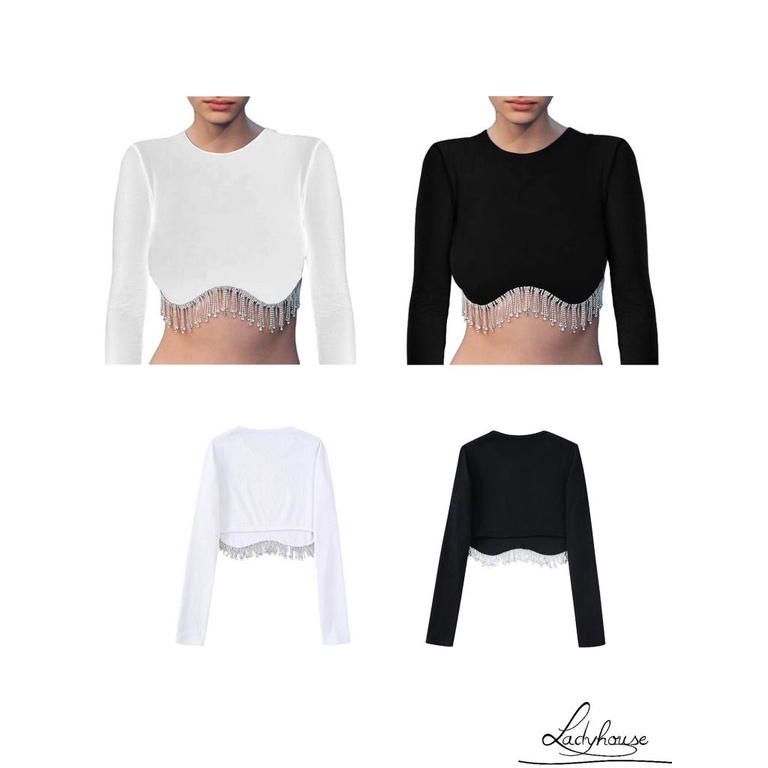 Áo Kiểu Tay Dài Cổ Tròn Phối Tua Rua Màu Tương Phản Thời Trang Xuân Thu Cho Nữ