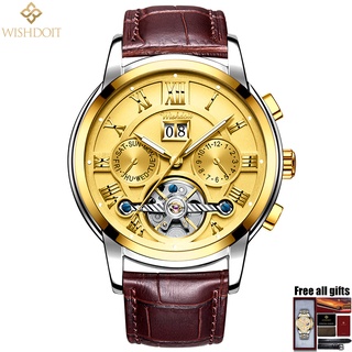 Wishdoit Nam Tourbillon Đồng hồ cơ tự động Cửa sổ phối cảnh rỗng Dây đeo da Ngăn ngừa trầy xước Thời trang Đài Loan công Hoàn toàn tự động Đồng hồ hồ bơi)