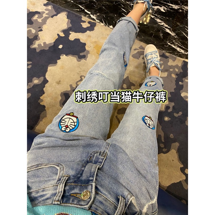 European station 2022 summer new embroidery robot cat jeans women's large size high waist style Harlan trousers trend