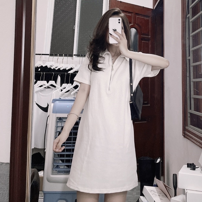 [ HÀNG CÓ SĂNX] Váy polo suông, cổ khoá, freesize, co giãn tốt, chất liệu len tăm, có 2 màu trắng và hồng
