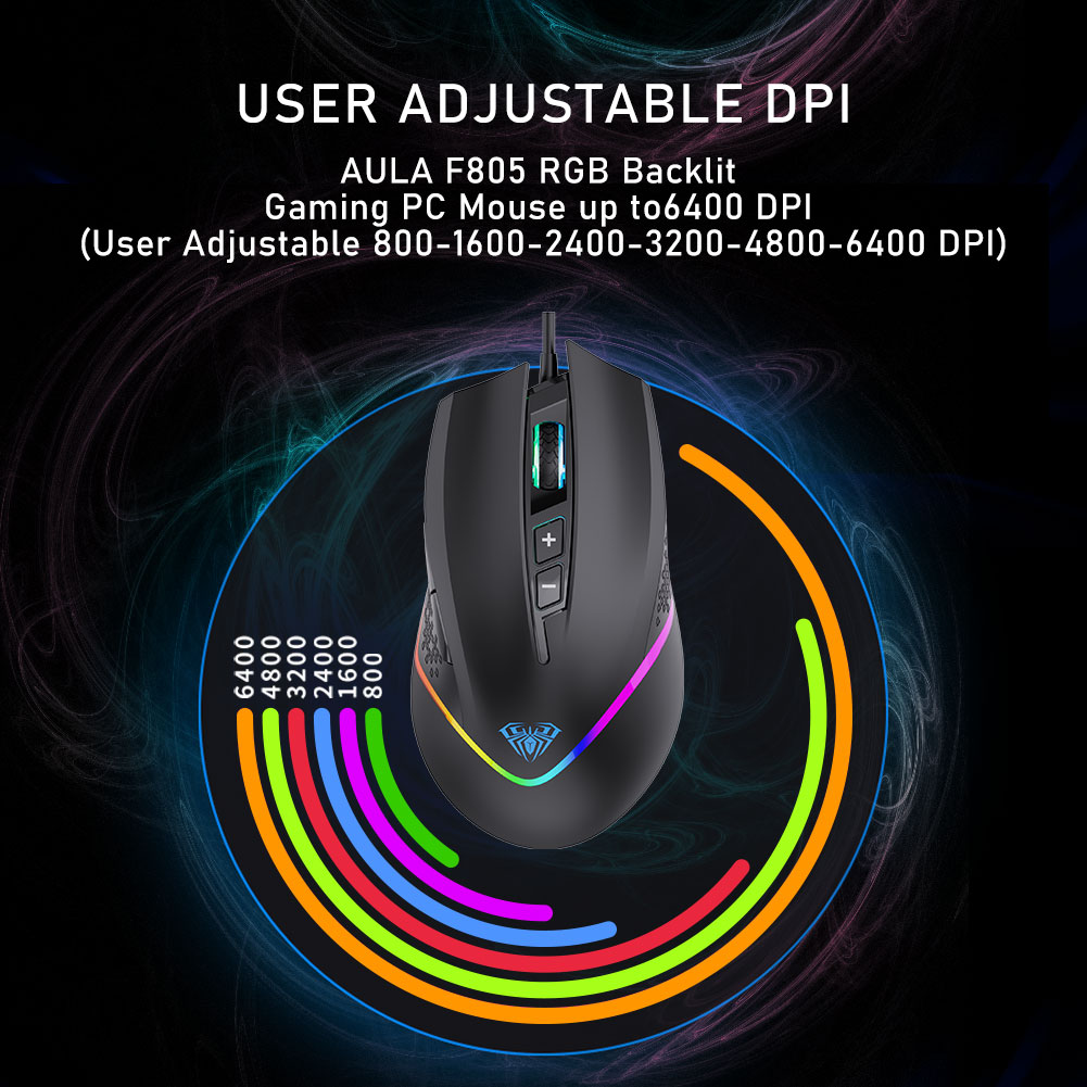 AULA F805 Colorful RGB Programmable Marco Gaming Mouse Light 6 Gear Backlight DPI 7 Programmable Buttons For PC Laptop