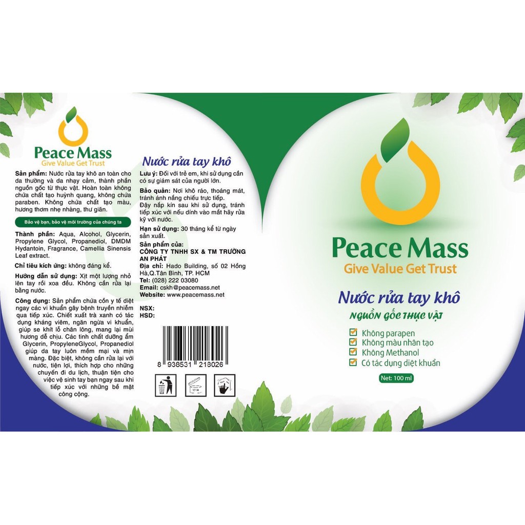 Nước rửa tay khô hữu cơ Peace Mass có tác dụng diệt khuẩn không làm khô da 500ml | BigBuy360 - bigbuy360.vn