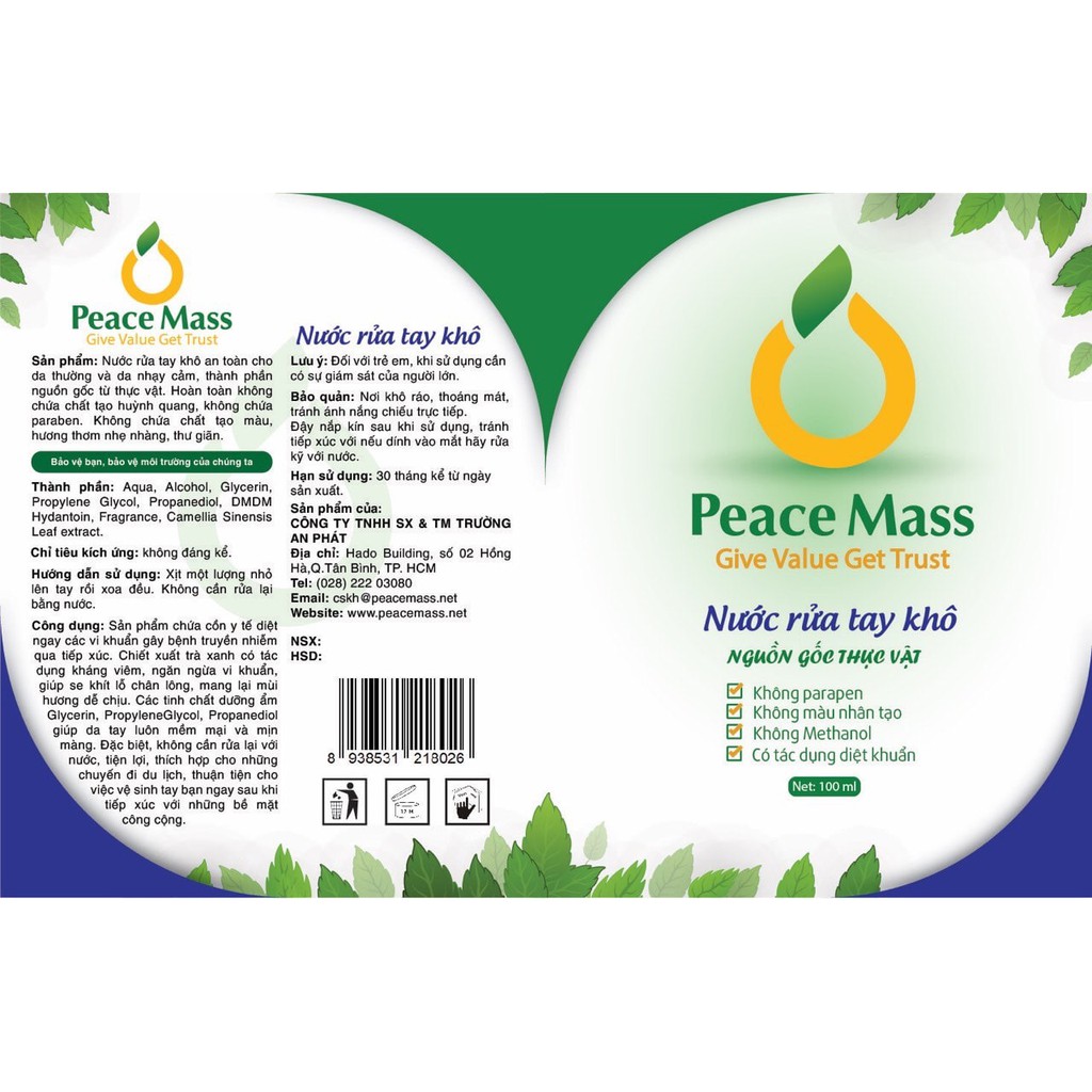 Nước Rửa Tay Khô Hữu Cơ Peace Mass Rửa Sạch 99% Vi Khuẩn Bám Trên Tay- Chai 500ml