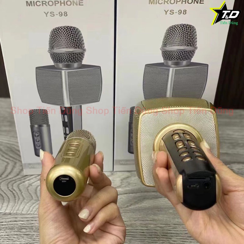 Mic bluetooth karaoke YS98 kèm 1 micro cầm tay có thể hát song ca cùng lúc âm thanh giả giọng
