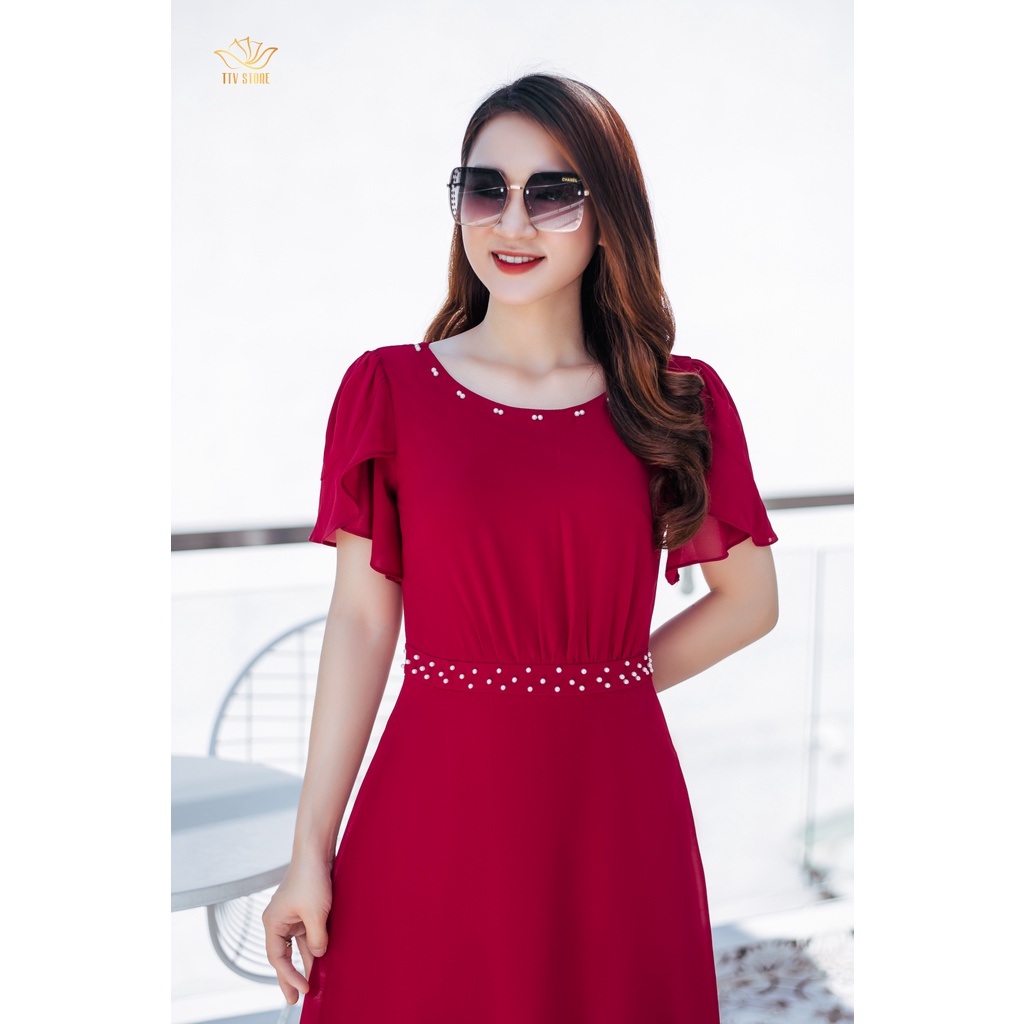 Đầm đính ngọc cao cấp form xoè cổ tròn đính ngọc đỏ đô TTV1061