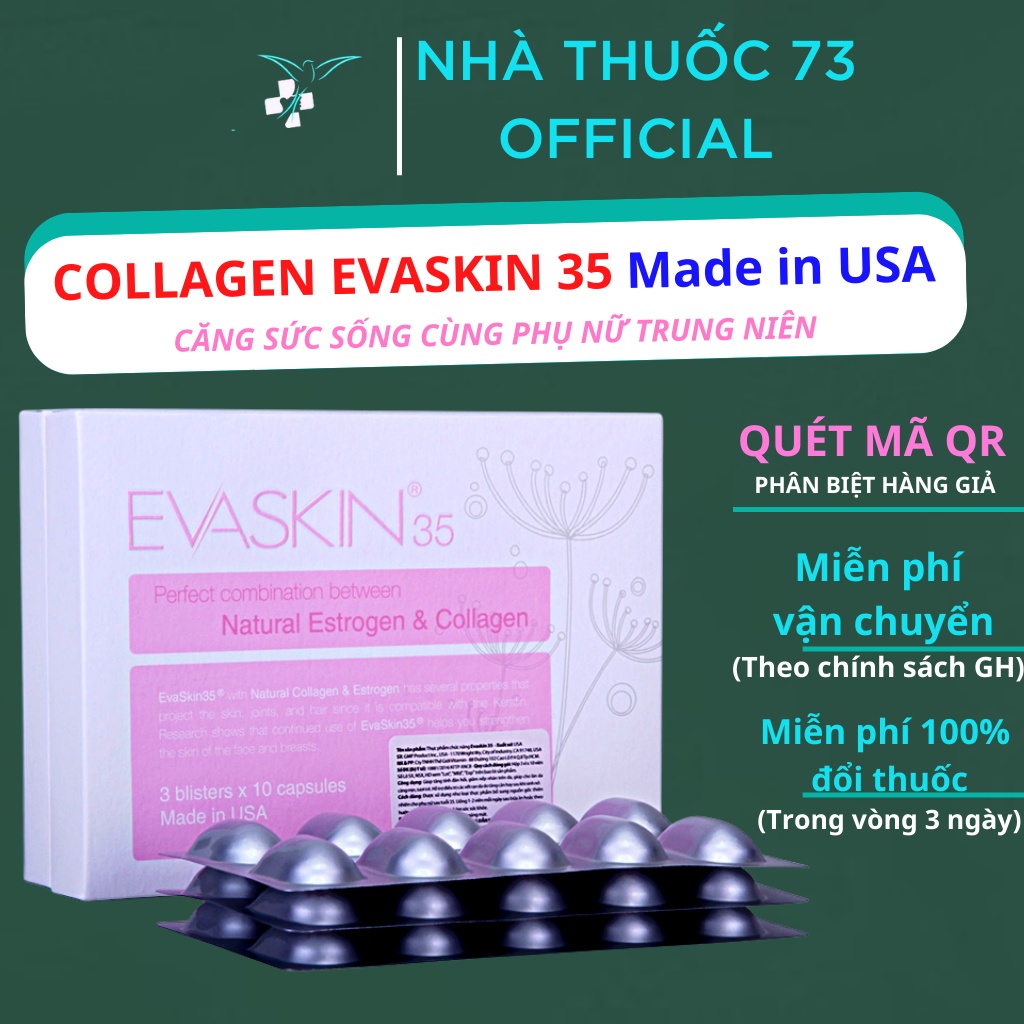 Viên uống đẹp da evaskin 35 – Kết hợp collagen, estrogen, kẽm, làm đẹp da, tăng tính đàn hồi, cân bằng nội tiết tố nữ