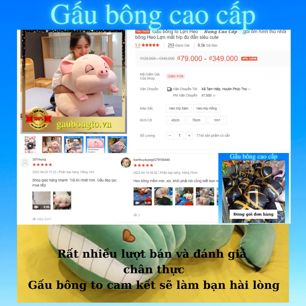 Gấu bông to Lợn Heo 🛡𝑯𝒂̀𝒏𝒈 𝑪𝒂𝒐 𝑪𝒂̂́𝒑🛡,gối ôm hình thú nhồi bông Heo Lợn mắt híp đù đẫn siêu cute