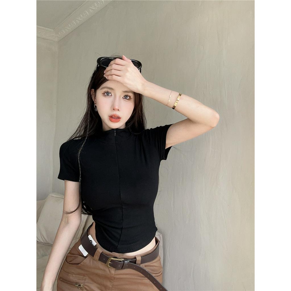 Ethelgirl Áo Croptop Tay Ngắn Có Khóa Kéo Thời Trang Quyến Rũ Cho Nữ