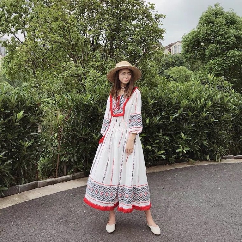 Váy Boho nữ dây tua rua hoạ tiết dân tộc hàng Quảng Châu order