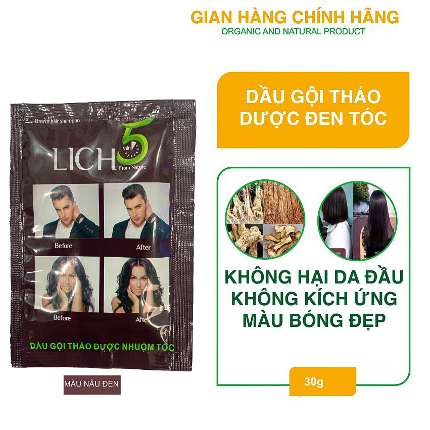 Dầu Gội Phủ Bạc Lich5, Nhuộm Tóc Thảo Dược Đen Tóc Cocayhoala làm đen tóc trong 5 phút - hộp 10 gói