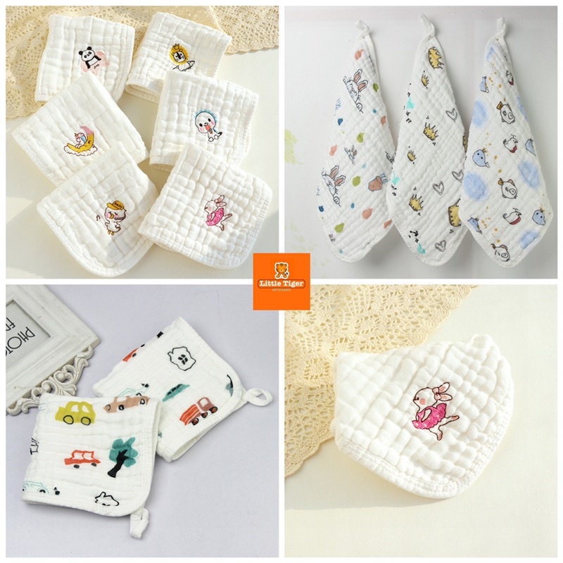 1 cái và hộp5, 6 khăn xô sữa 6 lớp thêu hình và in hình cho bé 30x30cm - Khăn sữa cho bé.