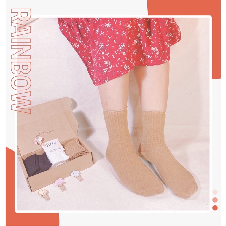 Set 3 Đôi Tất nữ Vintage Sọc Cao Cổ Nhún Phối màu Dễ thương Phong cách Hàn quốc Học sinh Sinh Viên