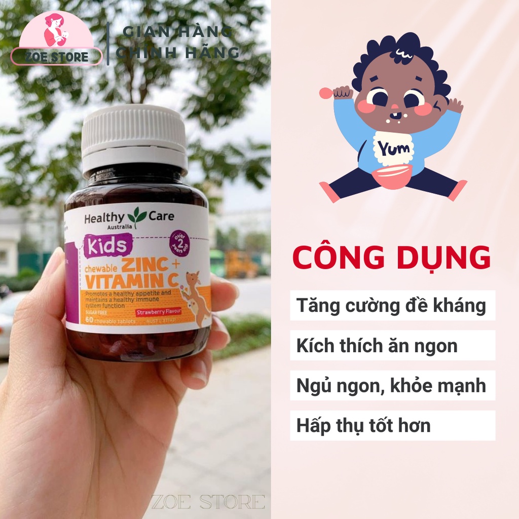 Viên nhai kẽm ZinC+Vitamin C Healthy Care cho bé  của Úc