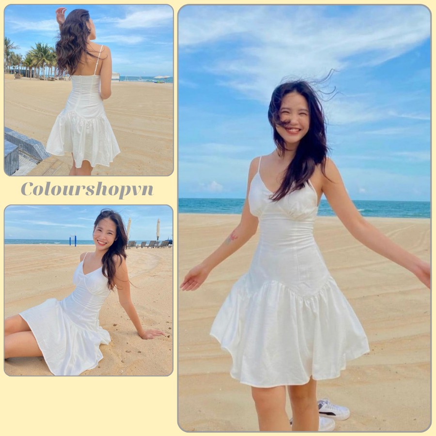 Đầm trắng 2 dây body đuôi cá ,Váy 2 dây dáng lỡ cho mùa hè