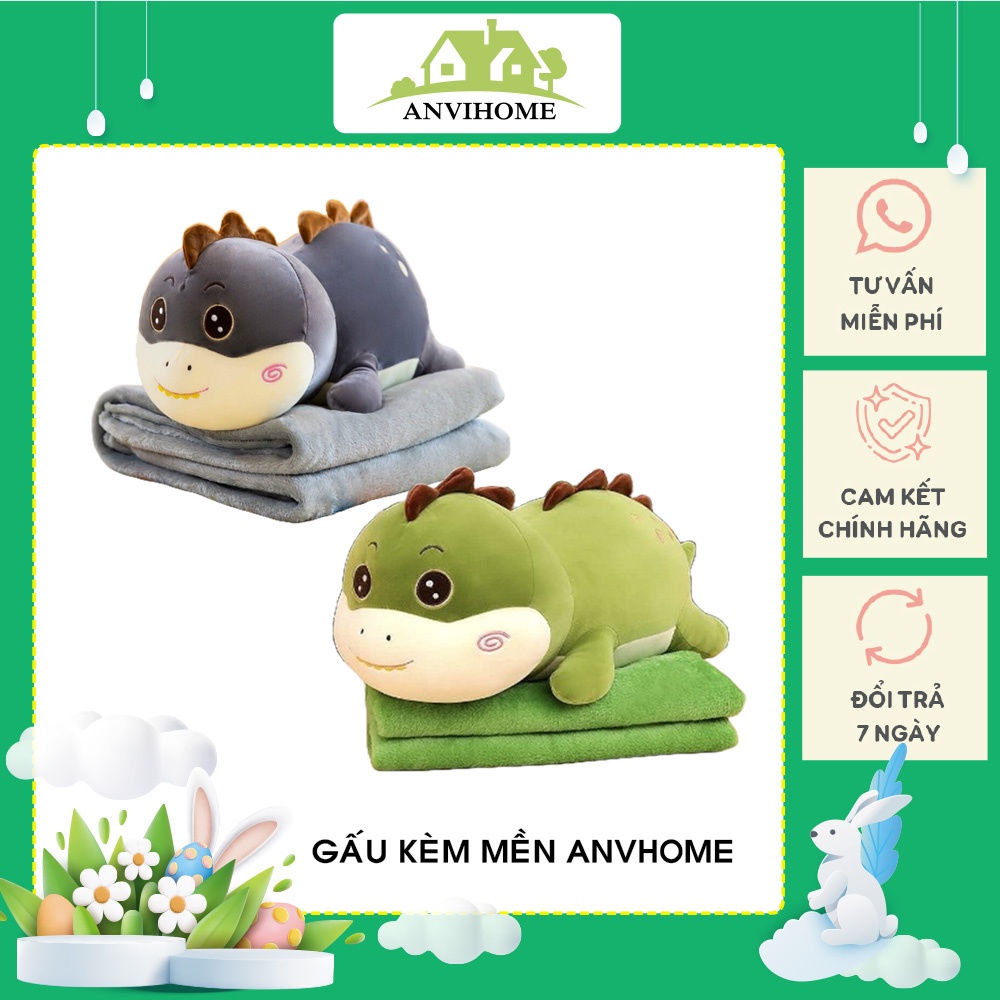Bộ chăn gối văn phòng gấu bông có mền hình Khủng Long có chăn, gấu bông hình khủng long xanh ANVIHOME