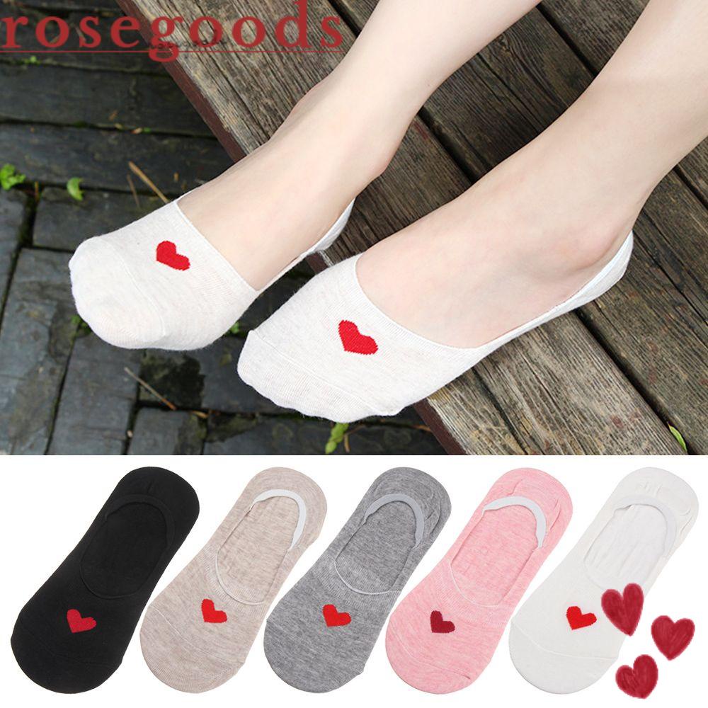 Set 5 Đôi Vớ Cổ Thuyền Vải Cotton Miệng Nông In Hình Trái Tim Dễ Thương