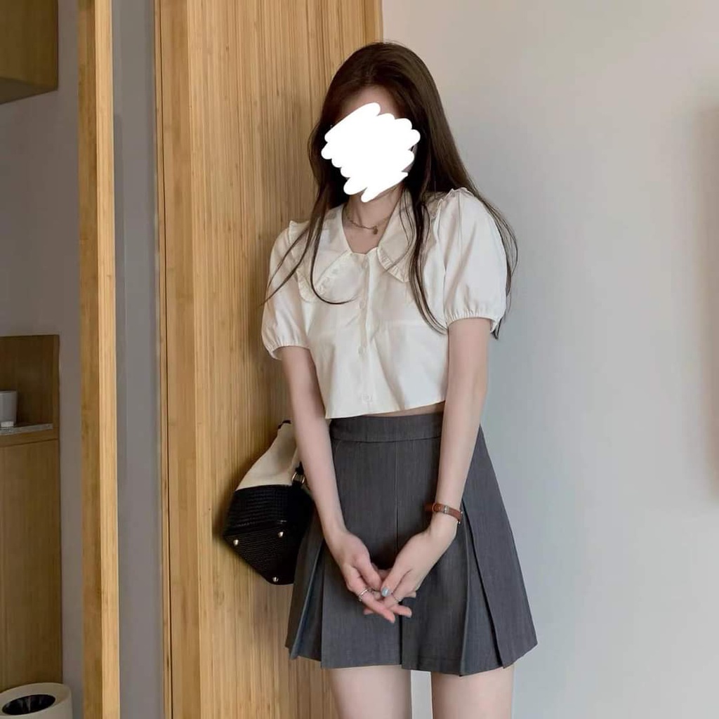 Set áo chân váy xếp ly to màu xám mix áo sơ mi trắng croptop cộc tay cổ sen đẹp