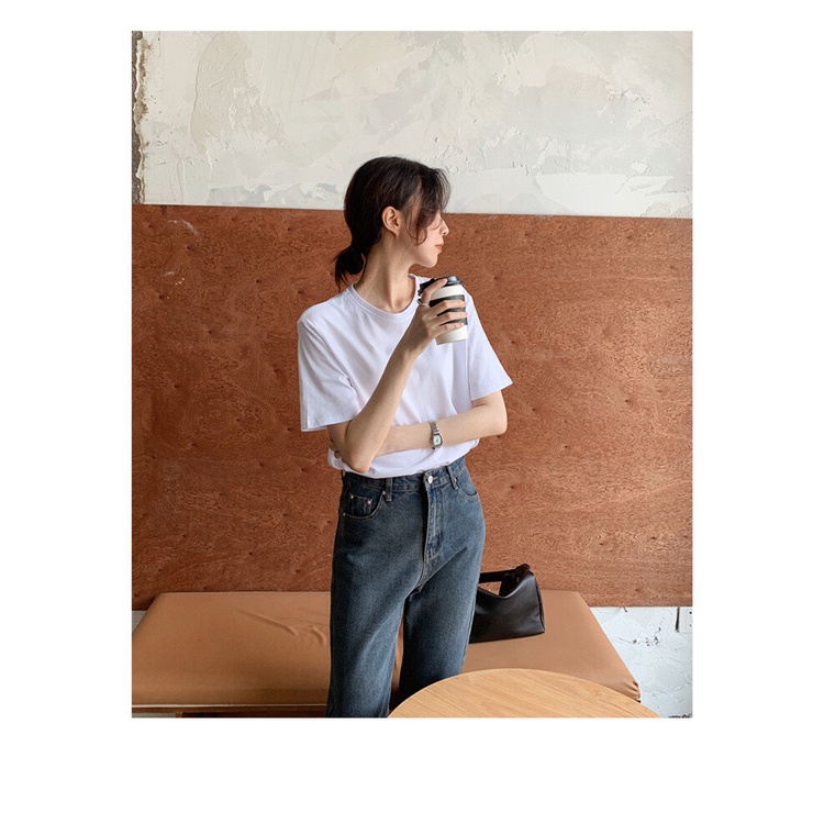 Áo thun nữ phom rộng LENOGI áo thun trơn cổ tròn basic 100% cotton cao cấp