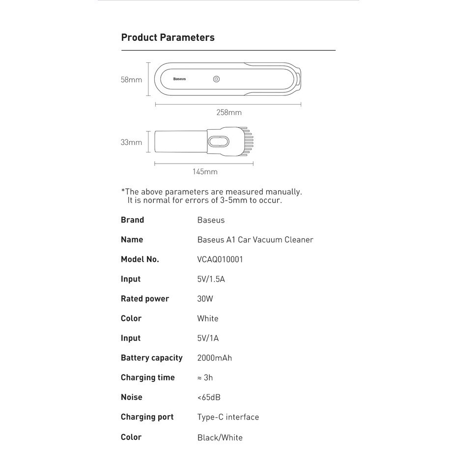 Máy Hút Bụi Không Dây Baseus A1 Có Lực Hút 4000Pa Công Xuất 30W Pin 2000 mAh Với Chân Sạc Type-C