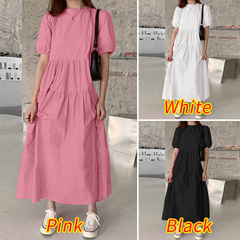 ZANZEA Women Leisure Loose Puff Sleeve Pleated Solid Color Party Maxi Dresses