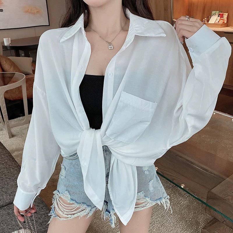 Áo Sơ Mi Nữ From Rộng CHIPY Chất Đũi Kiểu Công Sở Dài Tay Phồng 2 Túi Dáng Dài Hàn Quốc Vải Lụa Màu Trắng Cổ Đức Vintage | BigBuy360 - bigbuy360.vn