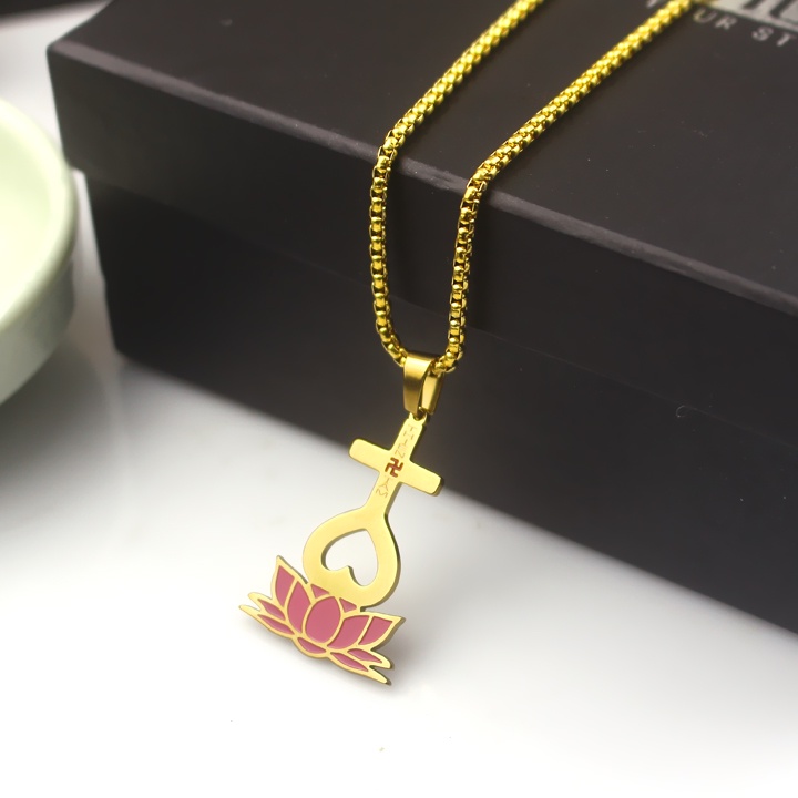 Mặt dây chuyền thiên tâm màu vàng đế sen hồng sáng đẹp, bền màu, tâm an vạn sự an (không dây)