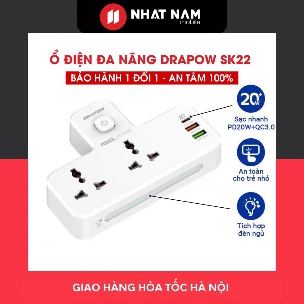 Ổ cắm điện đa năng tích hợp đèn ngủ DRAPOW SK22 thiết kế an toàn chống cháy nổ, sạc nhanh PD 20W, cổng USB 18w, 2 ổ 220v