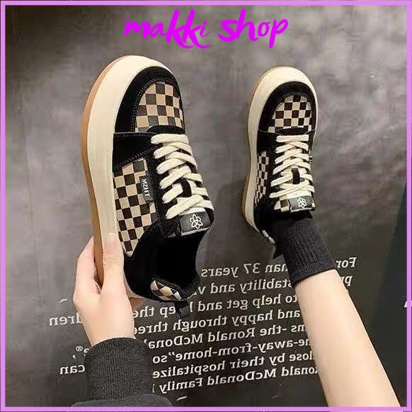 Giày thể thao nữ caro đế nâu, giày nữ đẹp cao cấp giá rẻ MAKKI SHOP TD304